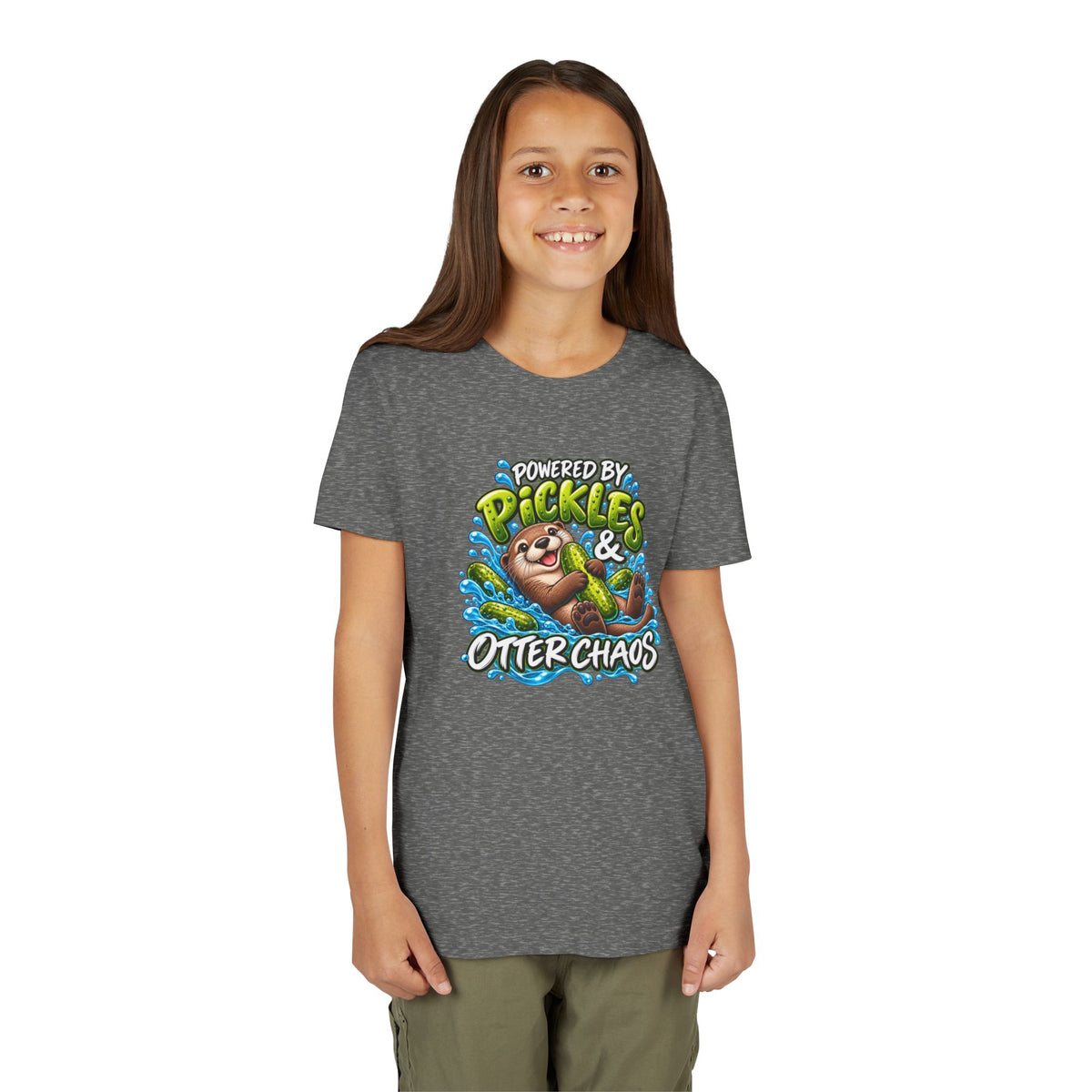 Youth Tee — "Powered by Pickles & Otter Chaos" Cute Otter Graphic Shirt