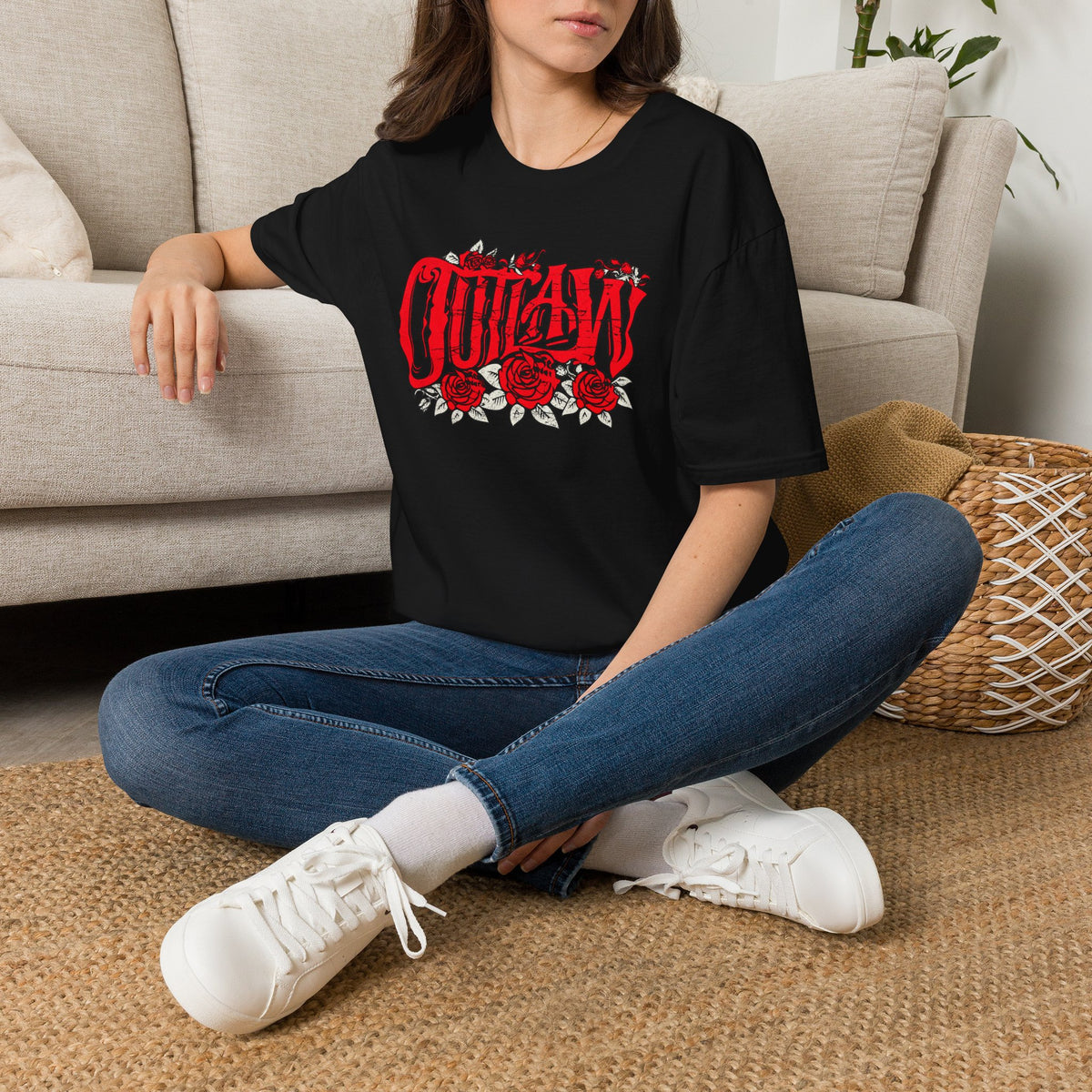 Outlaw Roses T-Shirt — Red Gothic Script & Rose Graphic