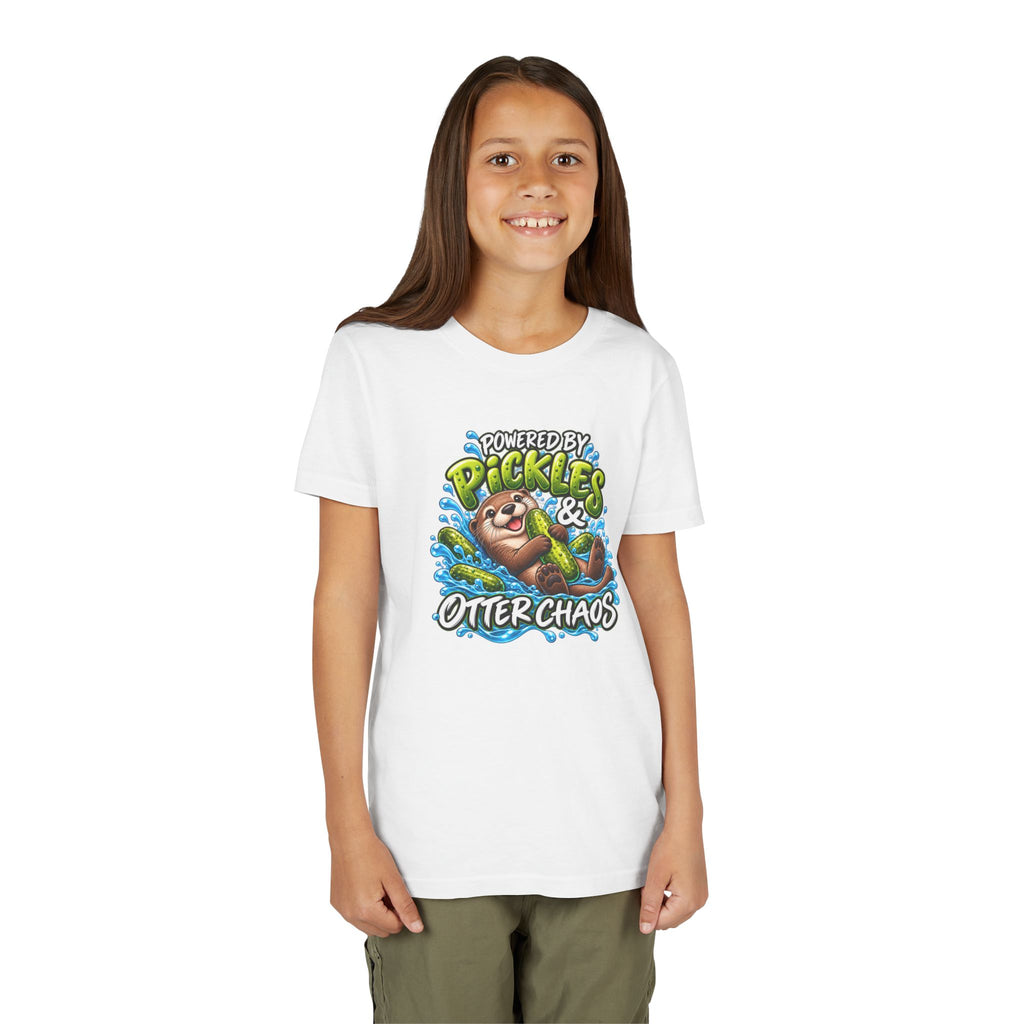 Youth Tee — "Powered by Pickles & Otter Chaos" Cute Otter Graphic Shirt