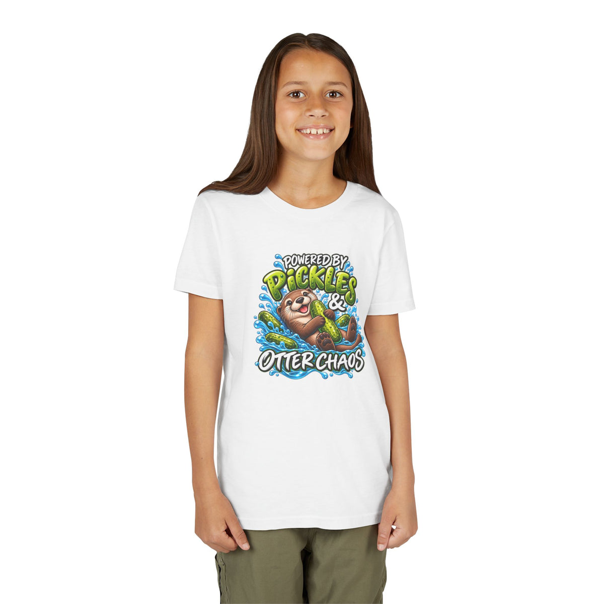 Youth Tee — "Powered by Pickles & Otter Chaos" Cute Otter Graphic Shirt
