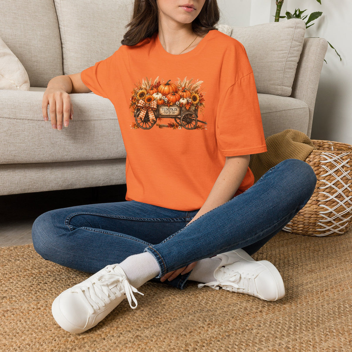 Pumpkin Patch Wagon T‑Shirt — Autumn Sunflower & Pumpkin Fall Tee