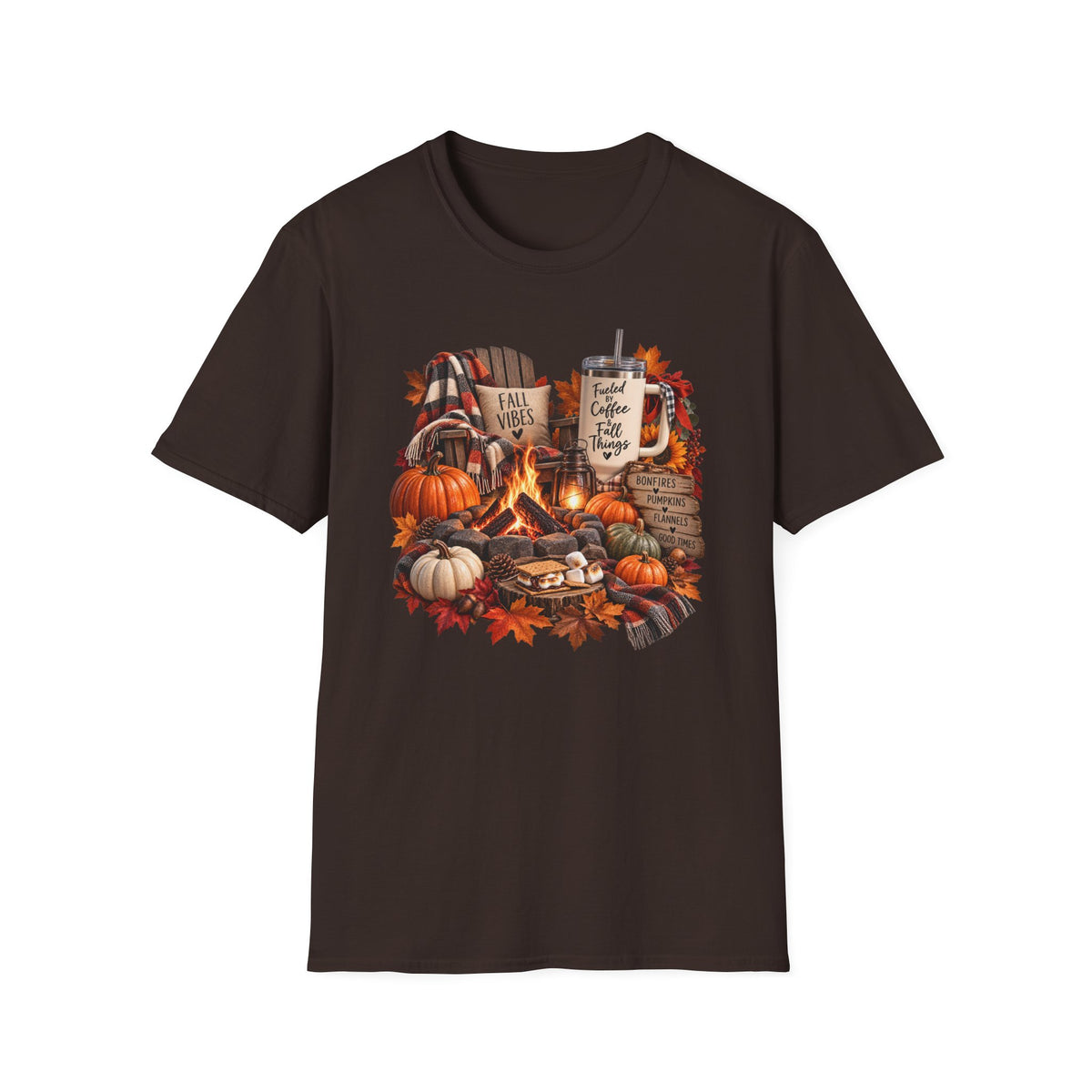 Fall Campfire Pumpkin T-Shirt — Cozy Autumn Shirt with "Fall Vibes" and Plaid Marshmallows Design