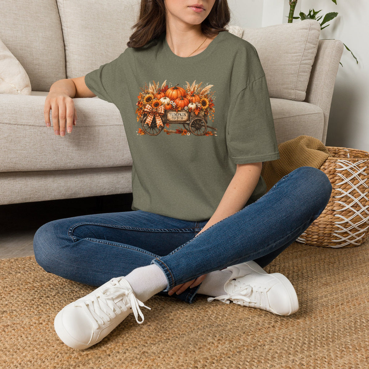 Pumpkin Patch Wagon T‑Shirt — Autumn Sunflower & Pumpkin Fall Tee
