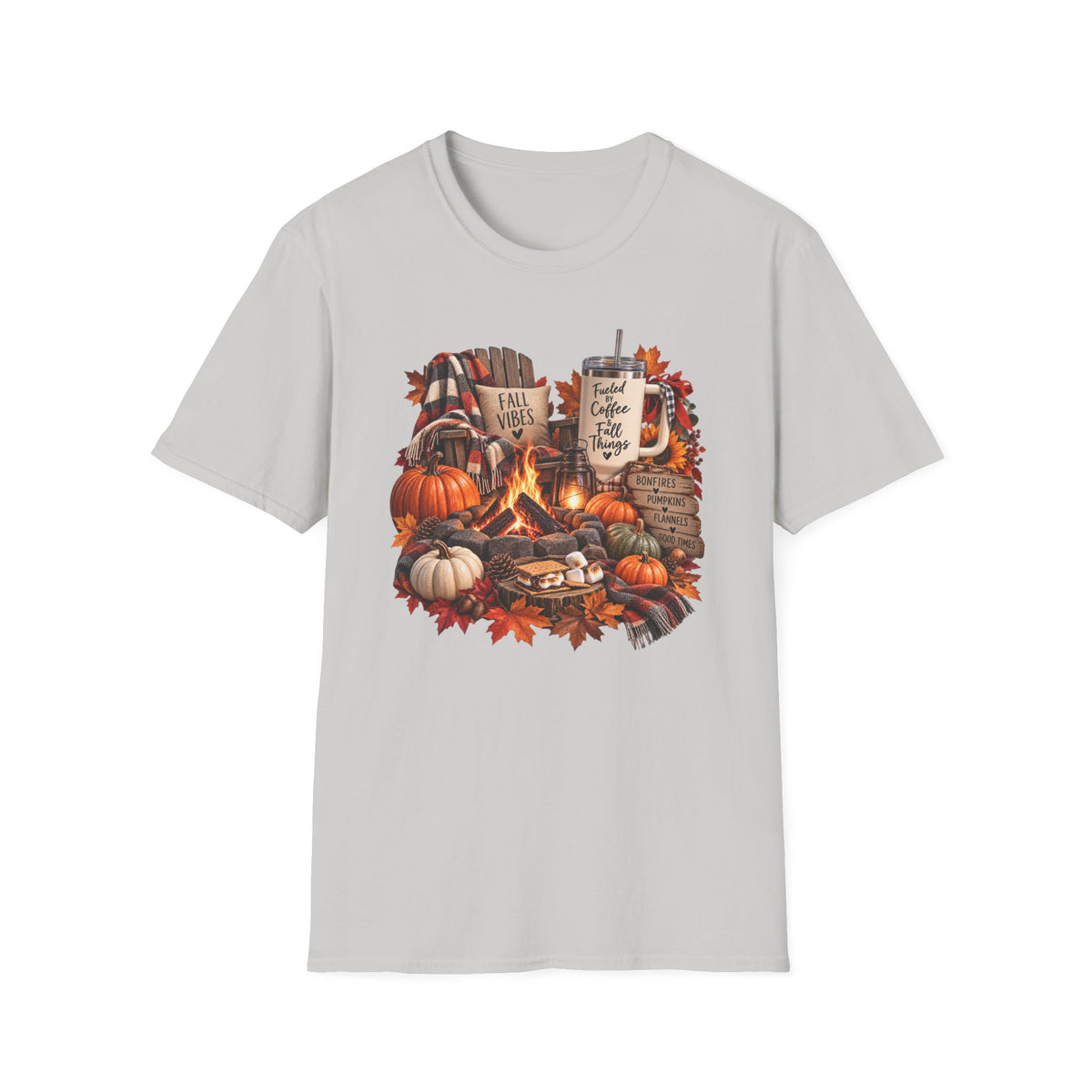 Fall Campfire Pumpkin T-Shirt — Cozy Autumn Shirt with "Fall Vibes" and Plaid Marshmallows Design