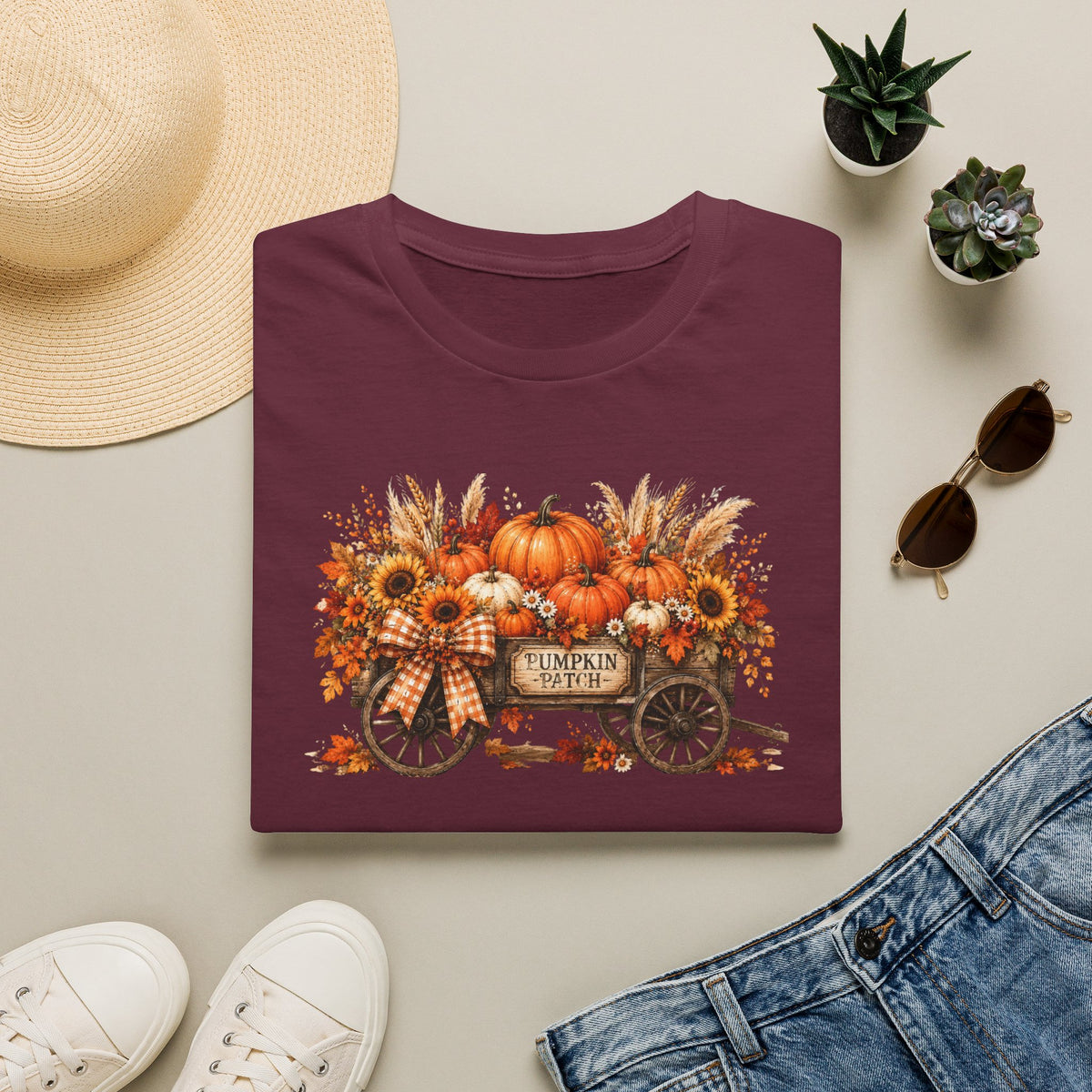 Pumpkin Patch Wagon T‑Shirt — Autumn Sunflower & Pumpkin Fall Tee