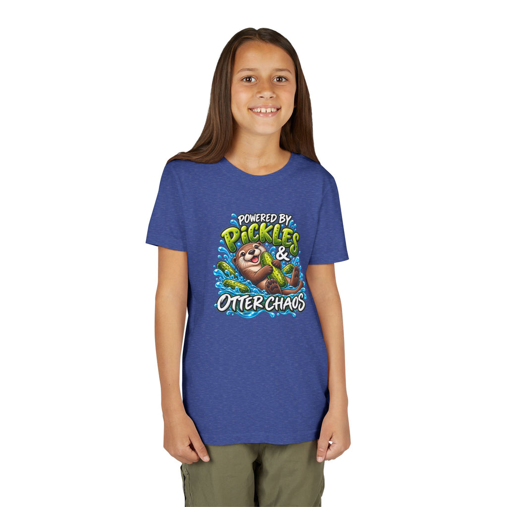 Youth Tee — "Powered by Pickles & Otter Chaos" Cute Otter Graphic Shirt