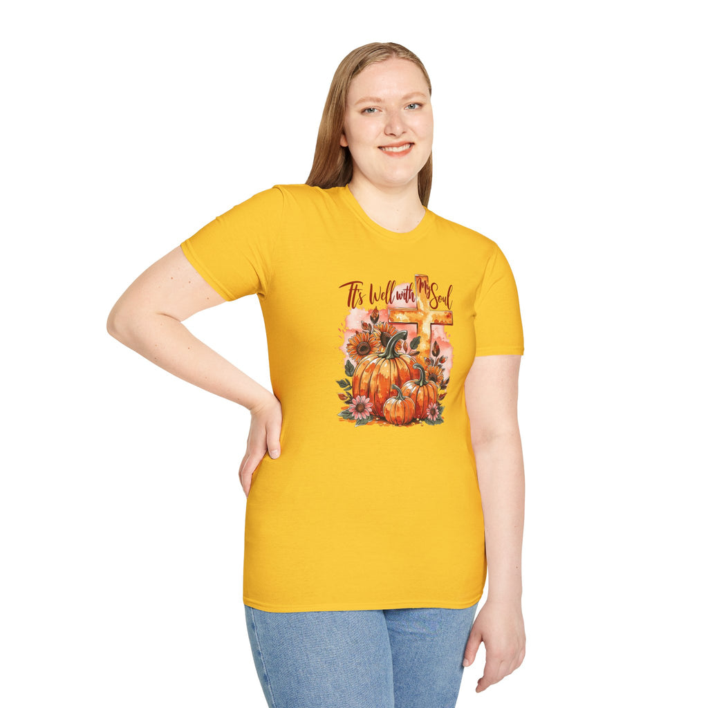 Fall Pumpkin Cross T‑Shirt – "’Tis Well With My Soul" Christian Autumn Tee