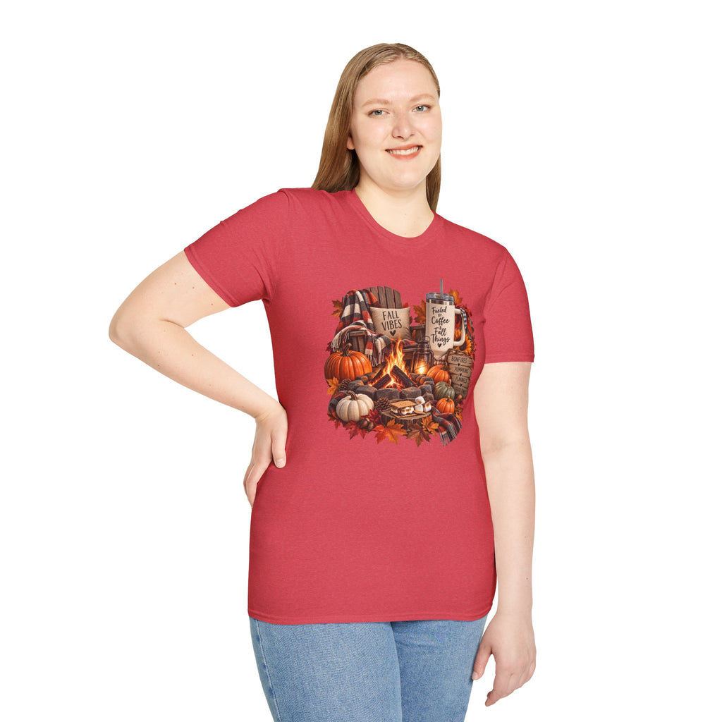 Fall Campfire Pumpkin T-Shirt — Cozy Autumn Shirt with "Fall Vibes" and Plaid Marshmallows Design