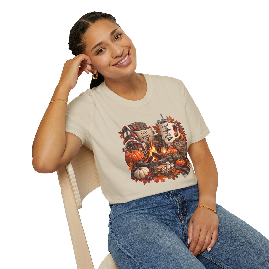 Fall Campfire Pumpkin T-Shirt — Cozy Autumn Shirt with "Fall Vibes" and Plaid Marshmallows Design