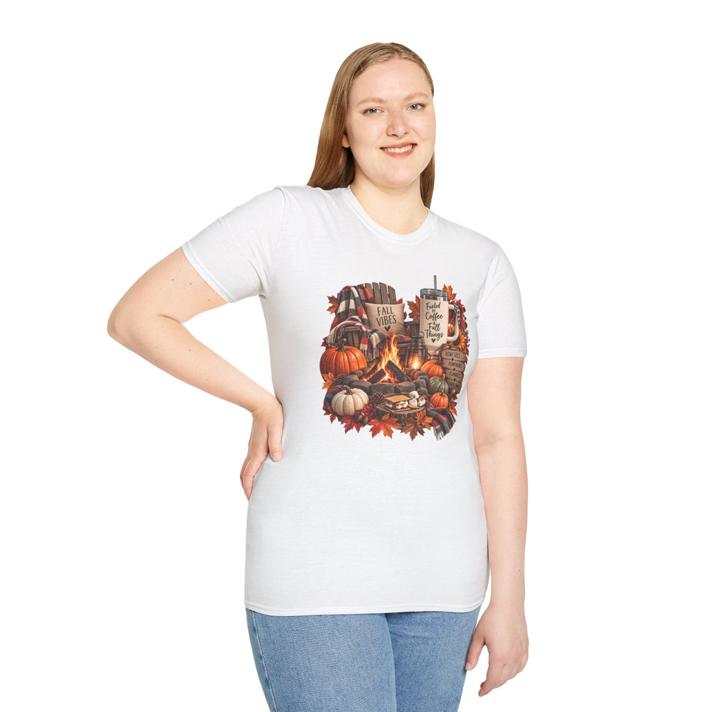 Fall Campfire Pumpkin T-Shirt — Cozy Autumn Shirt with "Fall Vibes" and Plaid Marshmallows Design