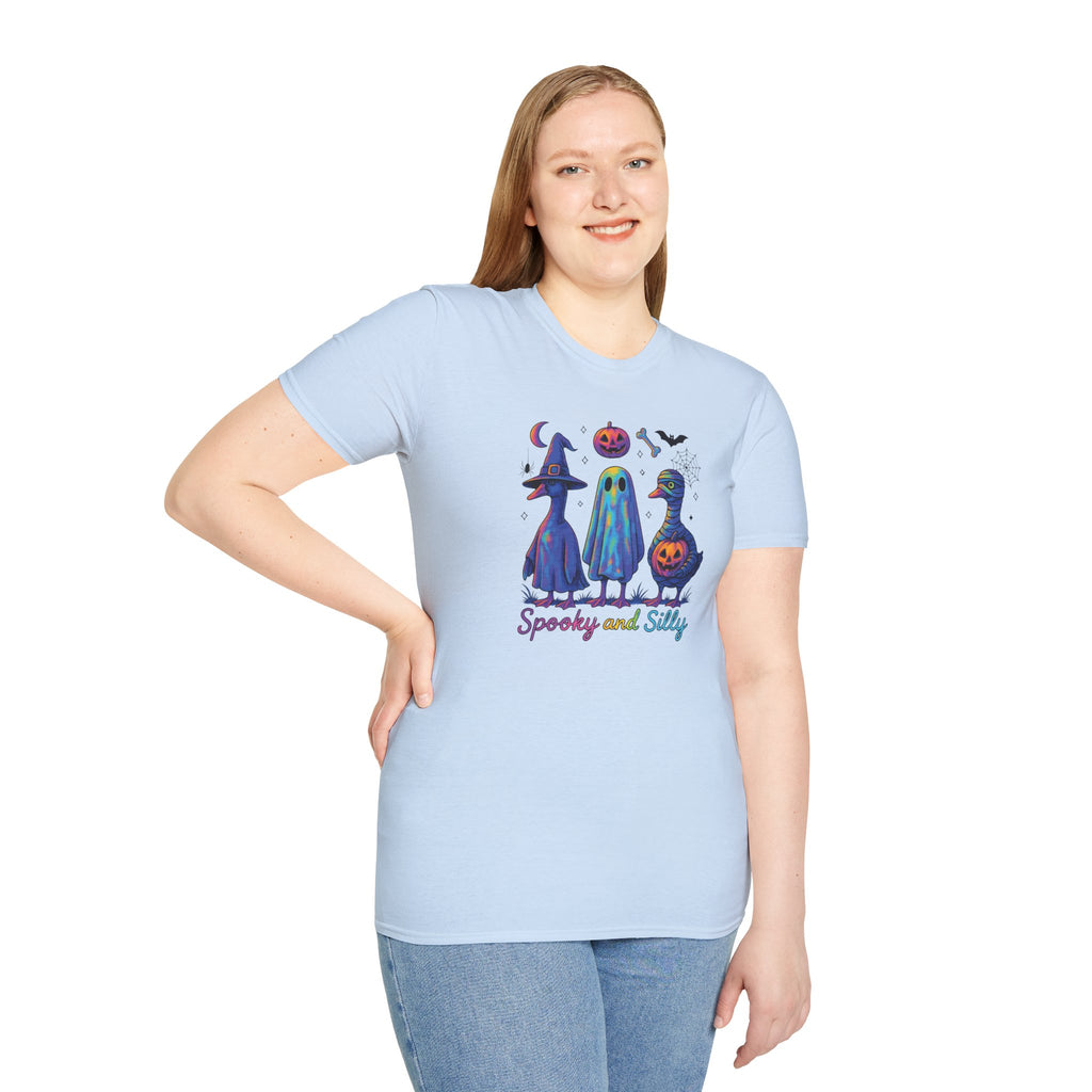 Halloween Ghost Trio T-Shirt — "Spooky and Silly" Cute Pumpkin Witch Duck Design