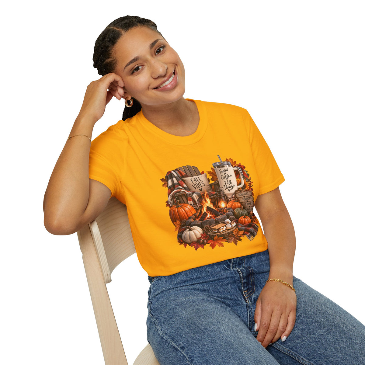 Fall Campfire Pumpkin T-Shirt — Cozy Autumn Shirt with "Fall Vibes" and Plaid Marshmallows Design