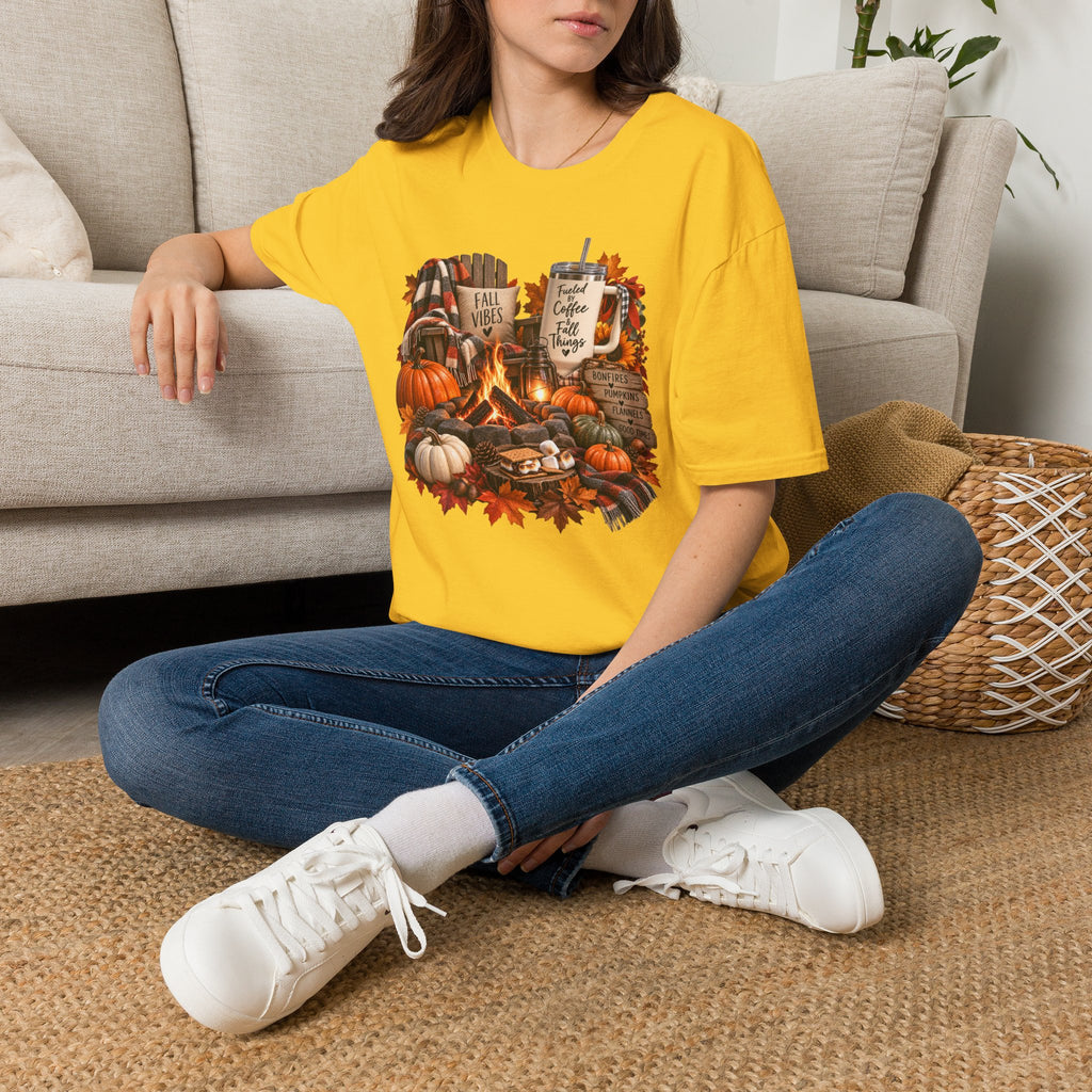 Fall Campfire Pumpkin T-Shirt — Cozy Autumn Shirt with "Fall Vibes" and Plaid Marshmallows Design
