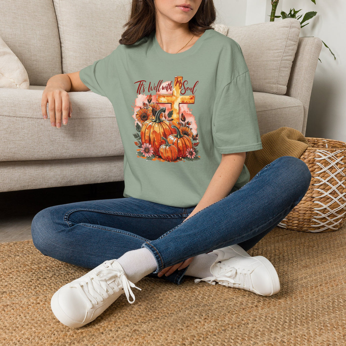 Fall Pumpkin Cross T‑Shirt – "’Tis Well With My Soul" Christian Autumn Tee
