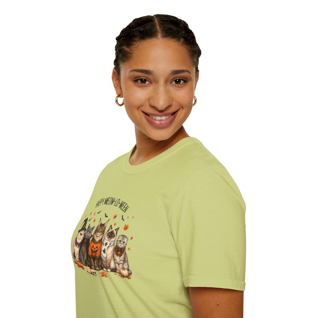 Halloween Cat T-Shirt — "Happy Meow-lo-ween" Cute Pumpkin Cats Tee