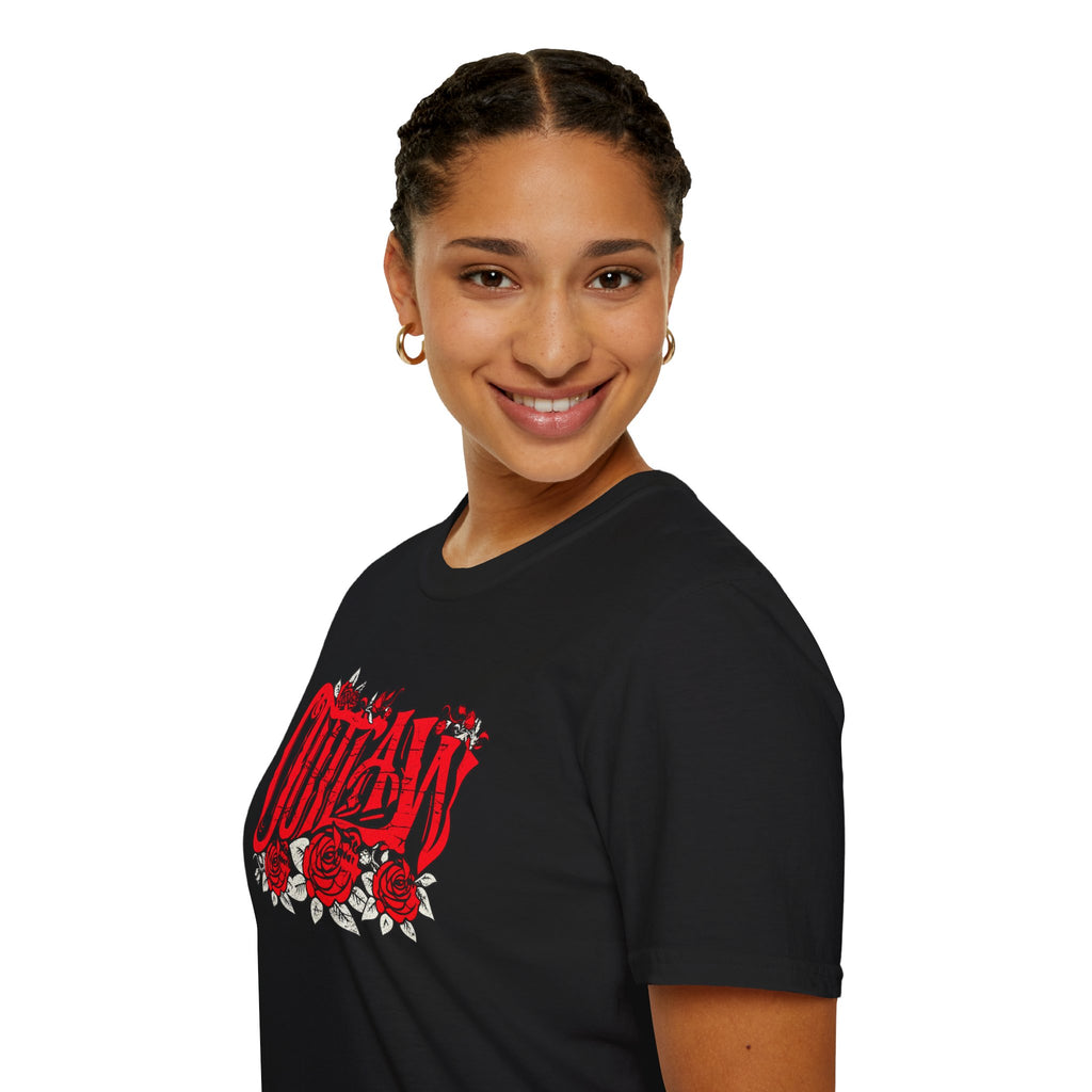 Outlaw Roses T-Shirt — Red Gothic Script & Rose Graphic