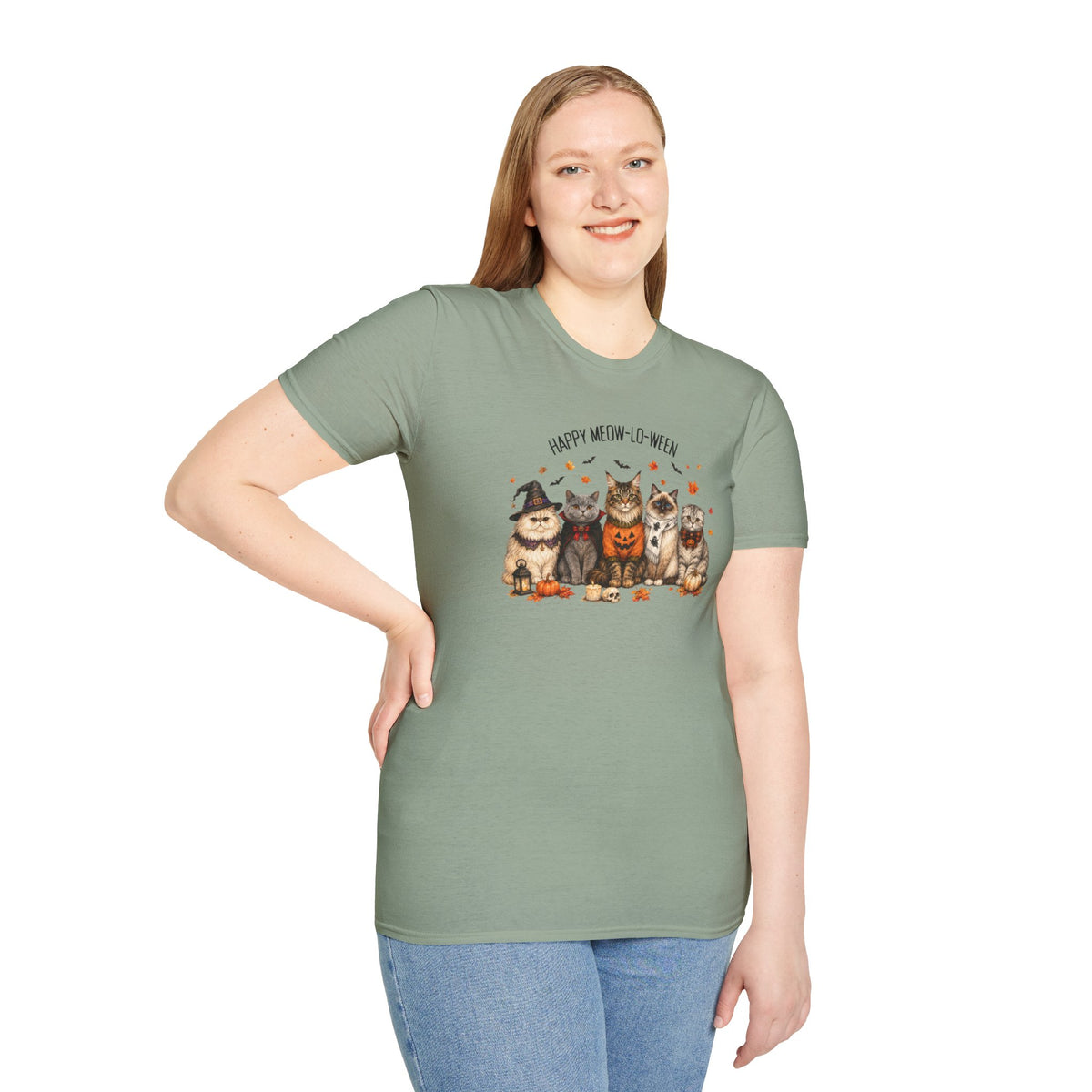 Halloween Cat T-Shirt — "Happy Meow-lo-ween" Cute Pumpkin Cats Tee