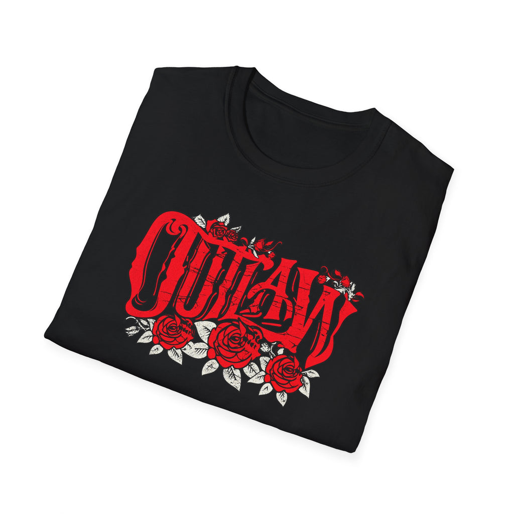 Outlaw Roses T-Shirt — Red Gothic Script & Rose Graphic