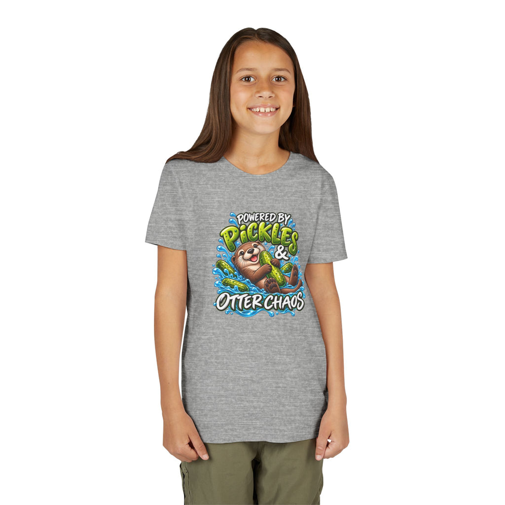 Youth Tee — "Powered by Pickles & Otter Chaos" Cute Otter Graphic Shirt