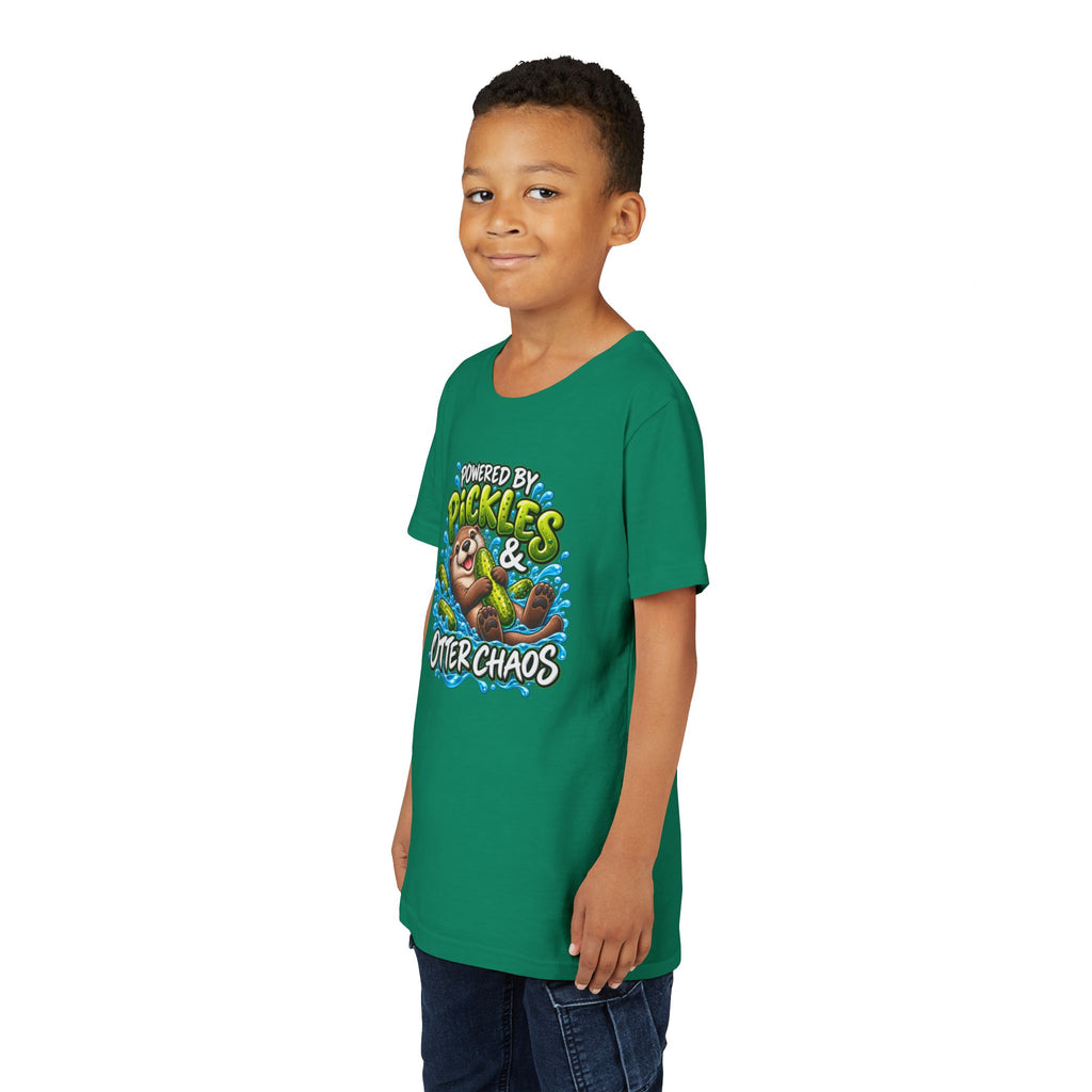 Youth Tee — "Powered by Pickles & Otter Chaos" Cute Otter Graphic Shirt