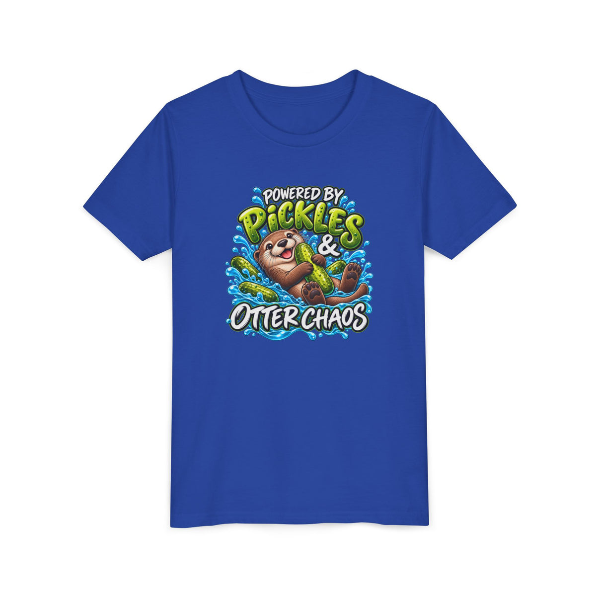 Youth Tee — "Powered by Pickles & Otter Chaos" Cute Otter Graphic Shirt