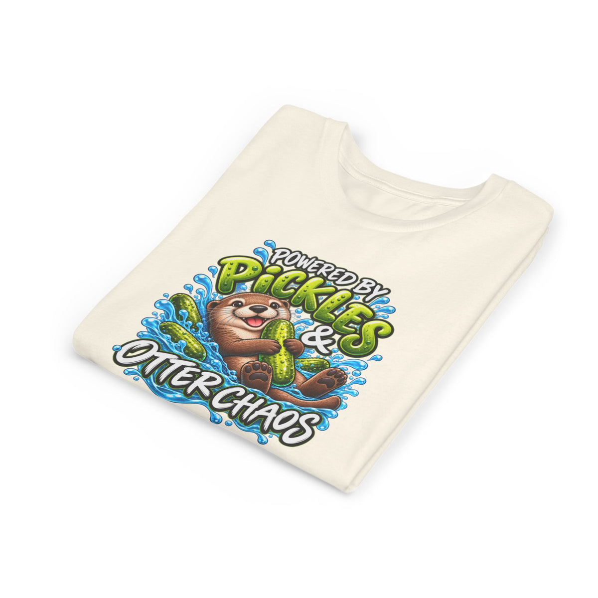 Youth Tee — "Powered by Pickles & Otter Chaos" Cute Otter Graphic Shirt