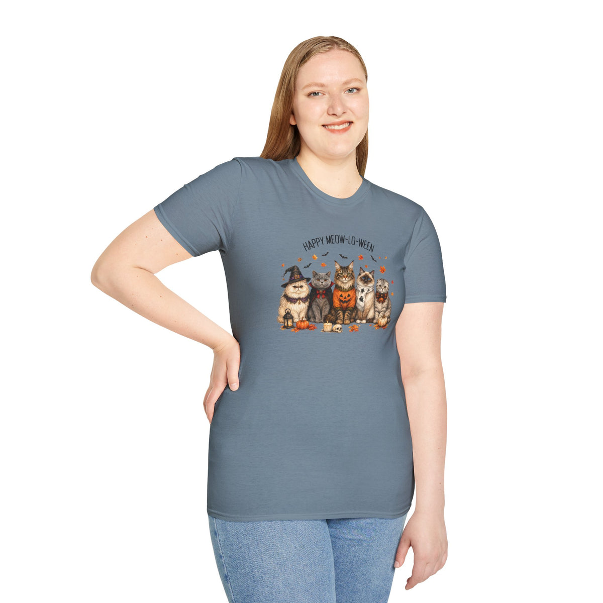 Halloween Cat T-Shirt — "Happy Meow-lo-ween" Cute Pumpkin Cats Tee