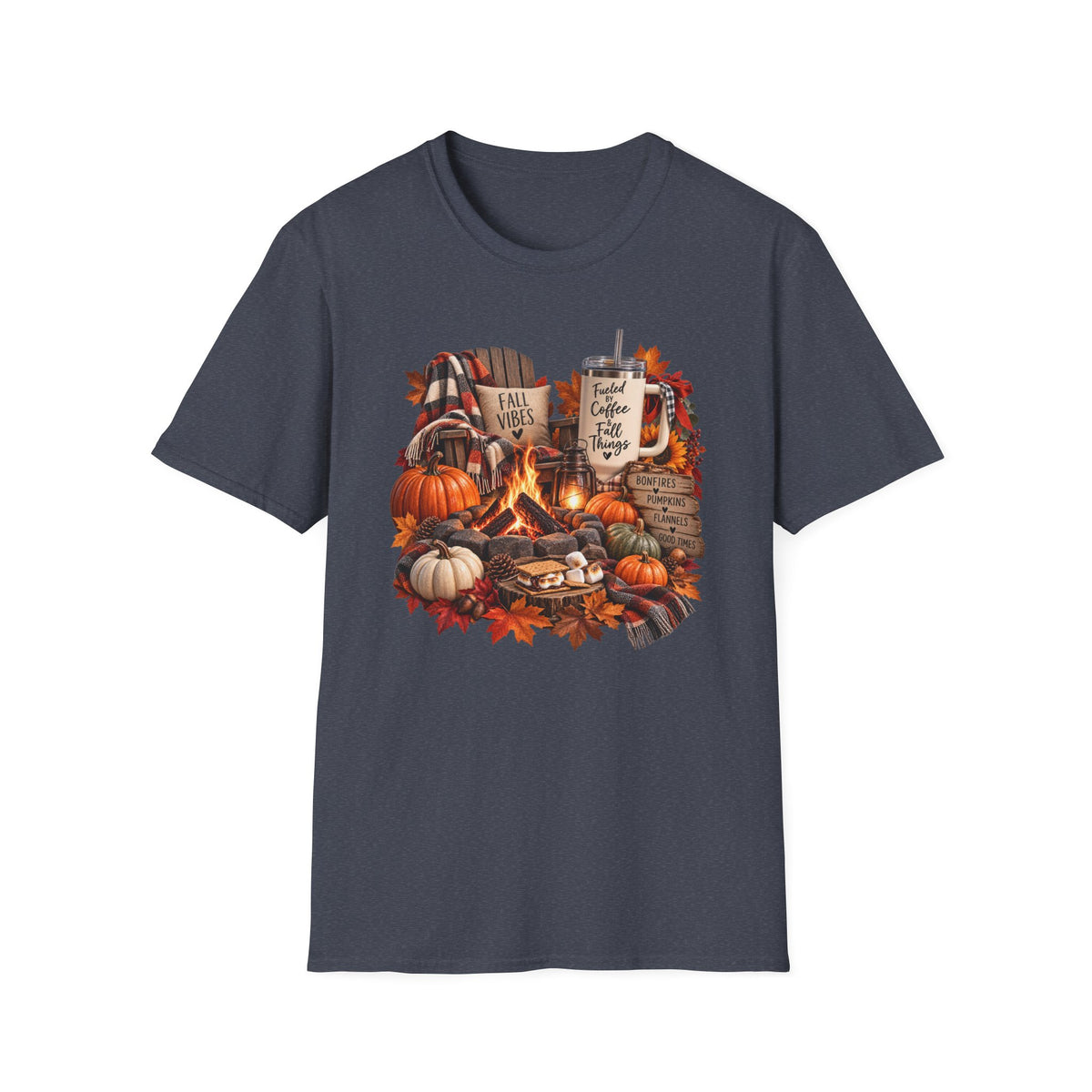 Fall Campfire Pumpkin T-Shirt — Cozy Autumn Shirt with "Fall Vibes" and Plaid Marshmallows Design