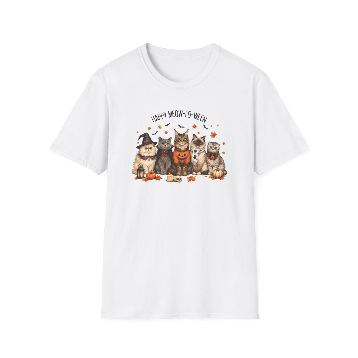 Halloween Cat T-Shirt — "Happy Meow-lo-ween" Cute Pumpkin Cats Tee
