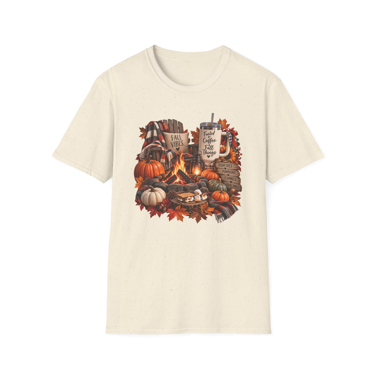 Fall Campfire Pumpkin T-Shirt — Cozy Autumn Shirt with "Fall Vibes" and Plaid Marshmallows Design