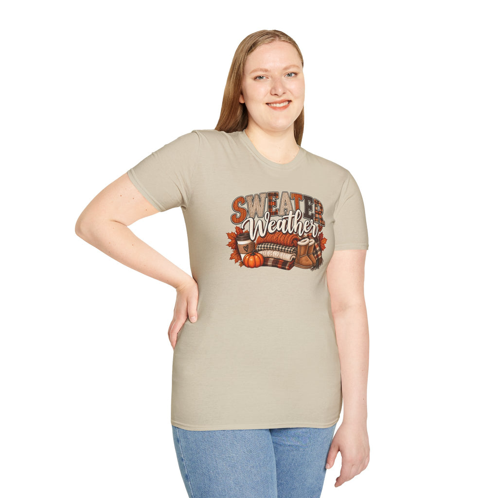 Sweater Weather T-Shirt — Fall Pumpkin & Cozy Plaid Graphic Tee