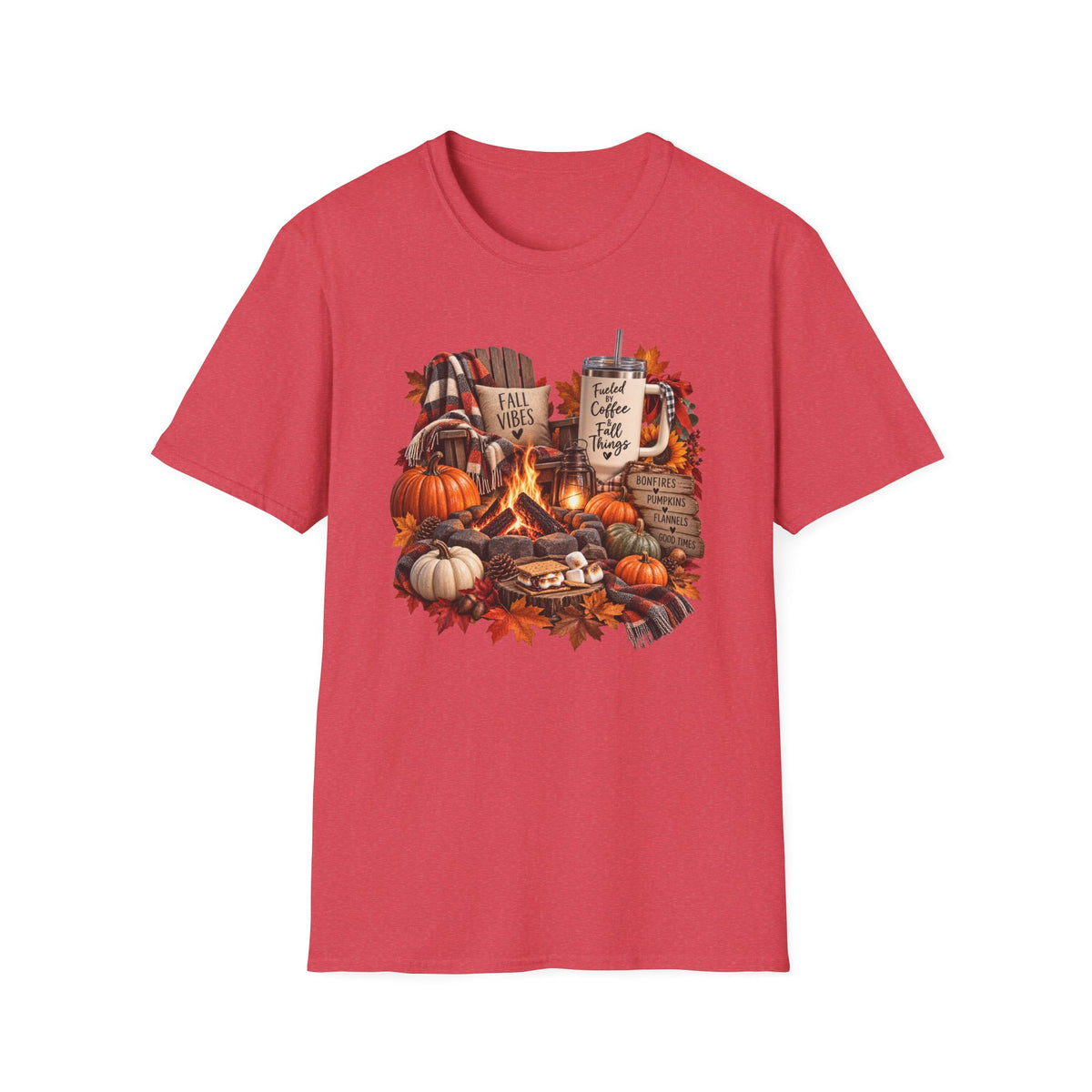 Fall Campfire Pumpkin T-Shirt — Cozy Autumn Shirt with "Fall Vibes" and Plaid Marshmallows Design