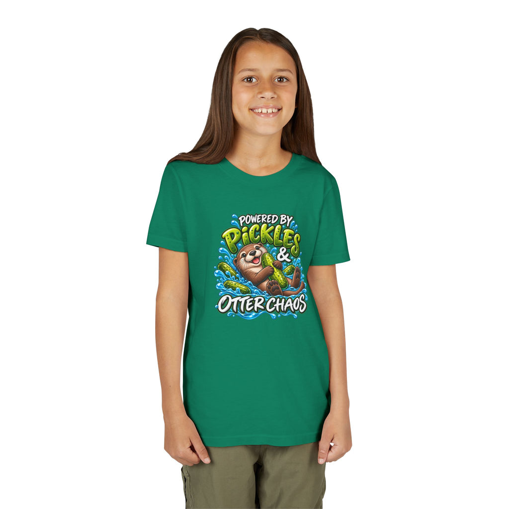 Youth Tee — "Powered by Pickles & Otter Chaos" Cute Otter Graphic Shirt