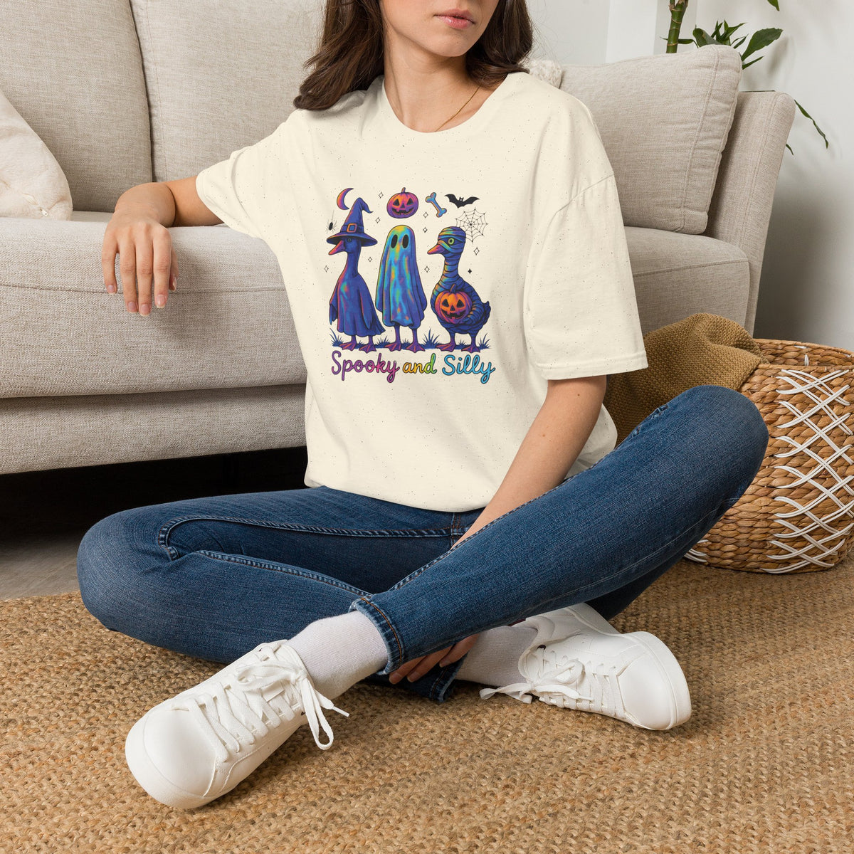 Halloween Ghost Trio T-Shirt — "Spooky and Silly" Cute Pumpkin Witch Duck Design