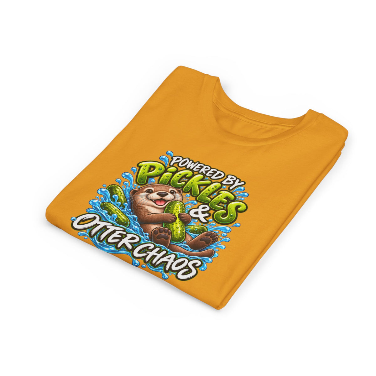 Youth Tee — "Powered by Pickles & Otter Chaos" Cute Otter Graphic Shirt