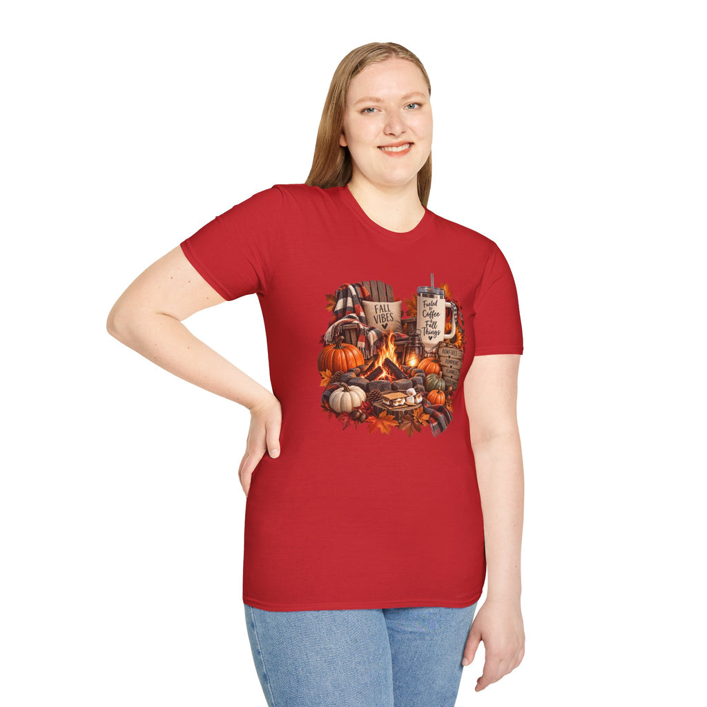 Fall Campfire Pumpkin T-Shirt — Cozy Autumn Shirt with "Fall Vibes" and Plaid Marshmallows Design