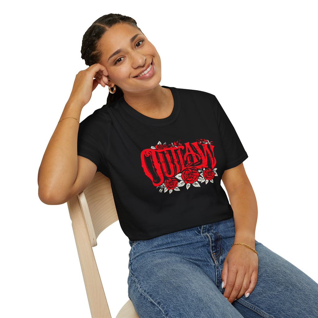 Outlaw Roses T-Shirt — Red Gothic Script & Rose Graphic