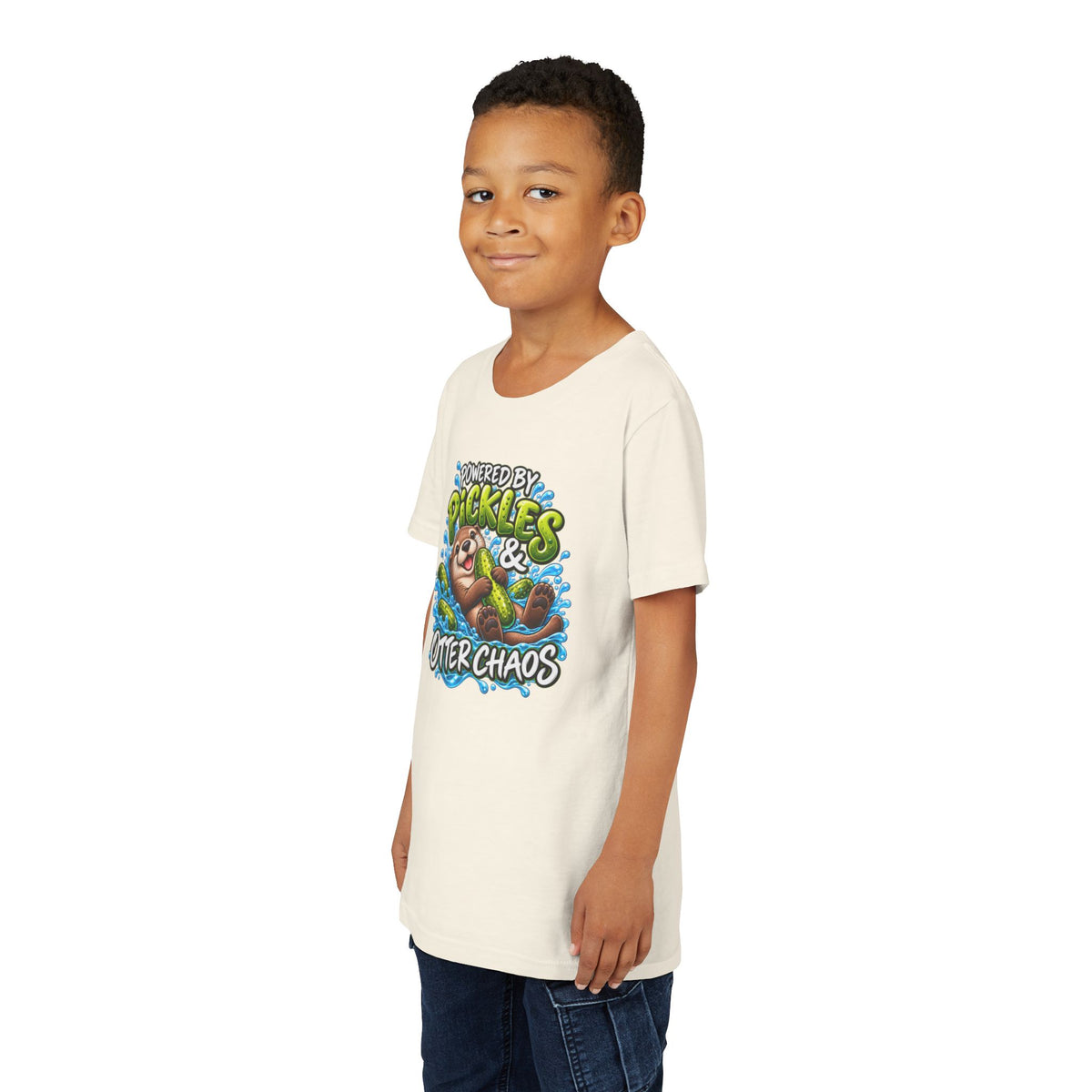 Youth Tee — "Powered by Pickles & Otter Chaos" Cute Otter Graphic Shirt