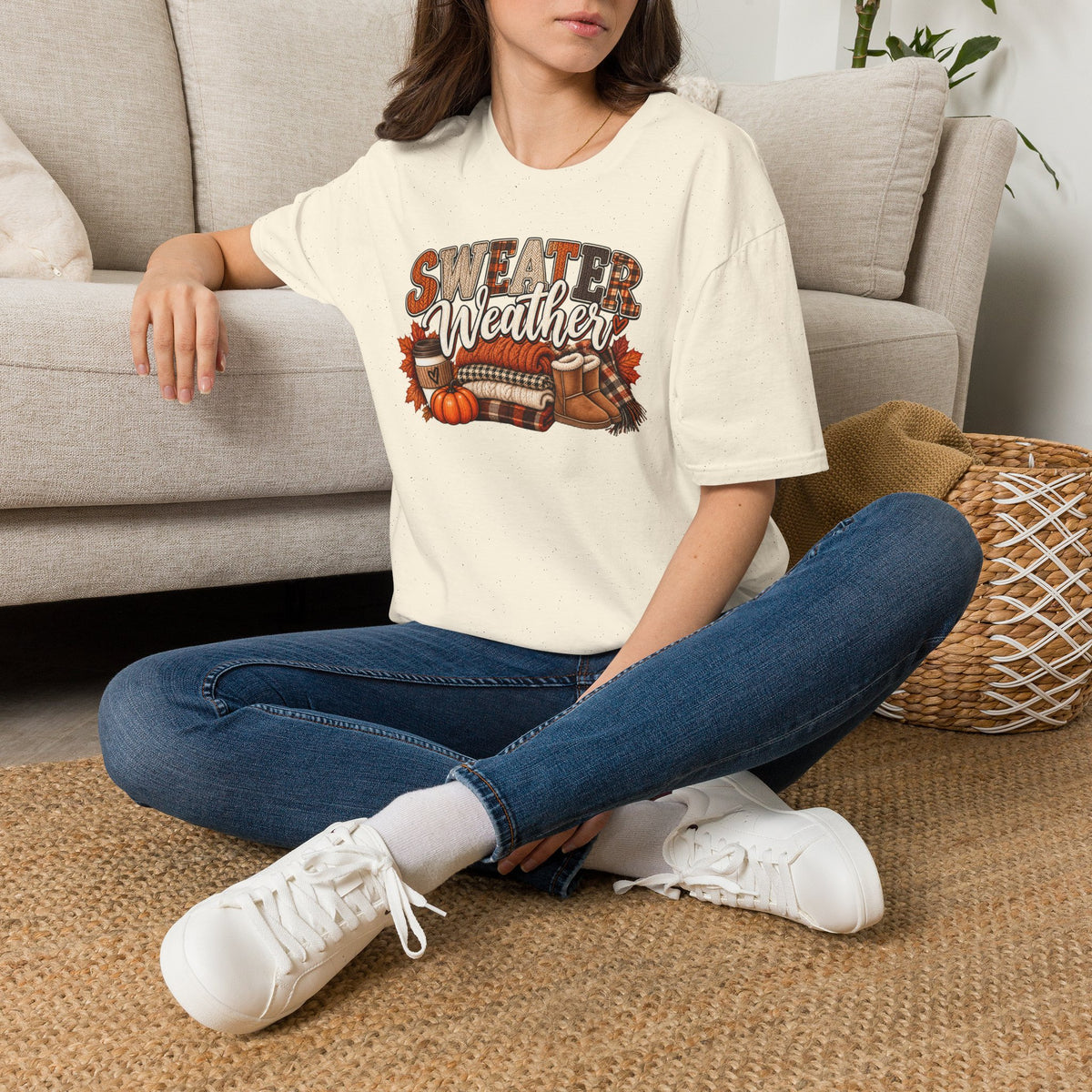 Sweater Weather T-Shirt — Fall Pumpkin & Cozy Plaid Graphic Tee