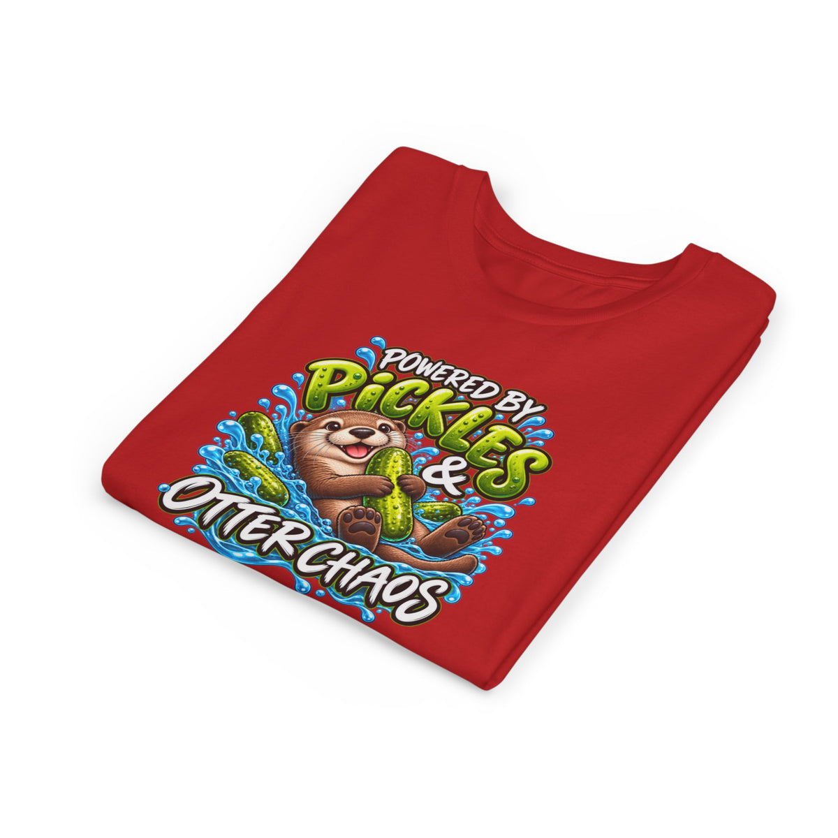 Youth Tee — "Powered by Pickles & Otter Chaos" Cute Otter Graphic Shirt