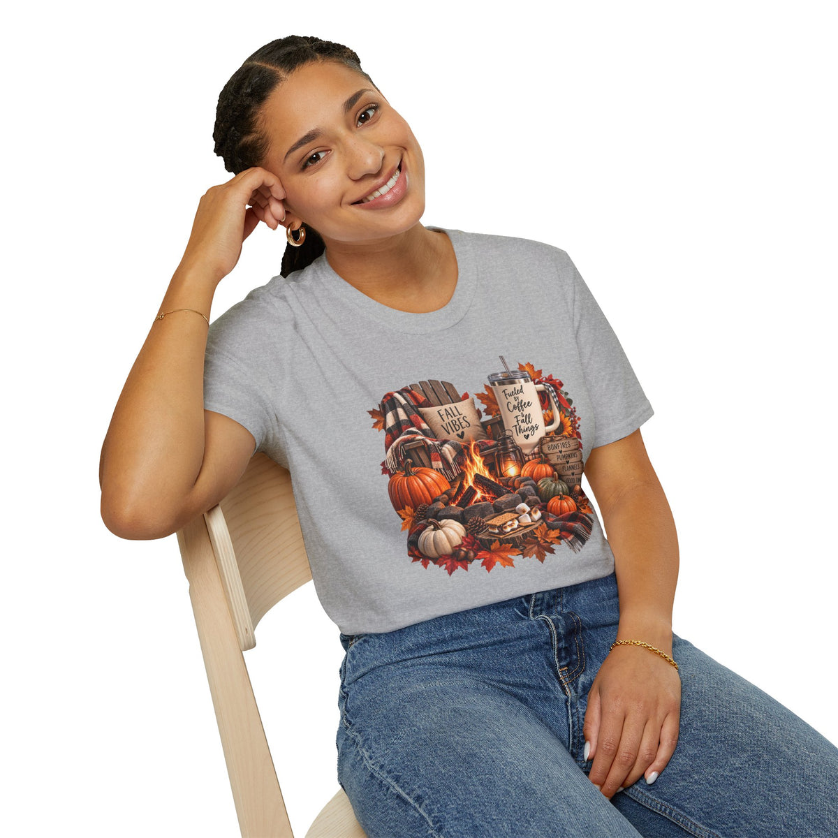Fall Campfire Pumpkin T-Shirt — Cozy Autumn Shirt with "Fall Vibes" and Plaid Marshmallows Design
