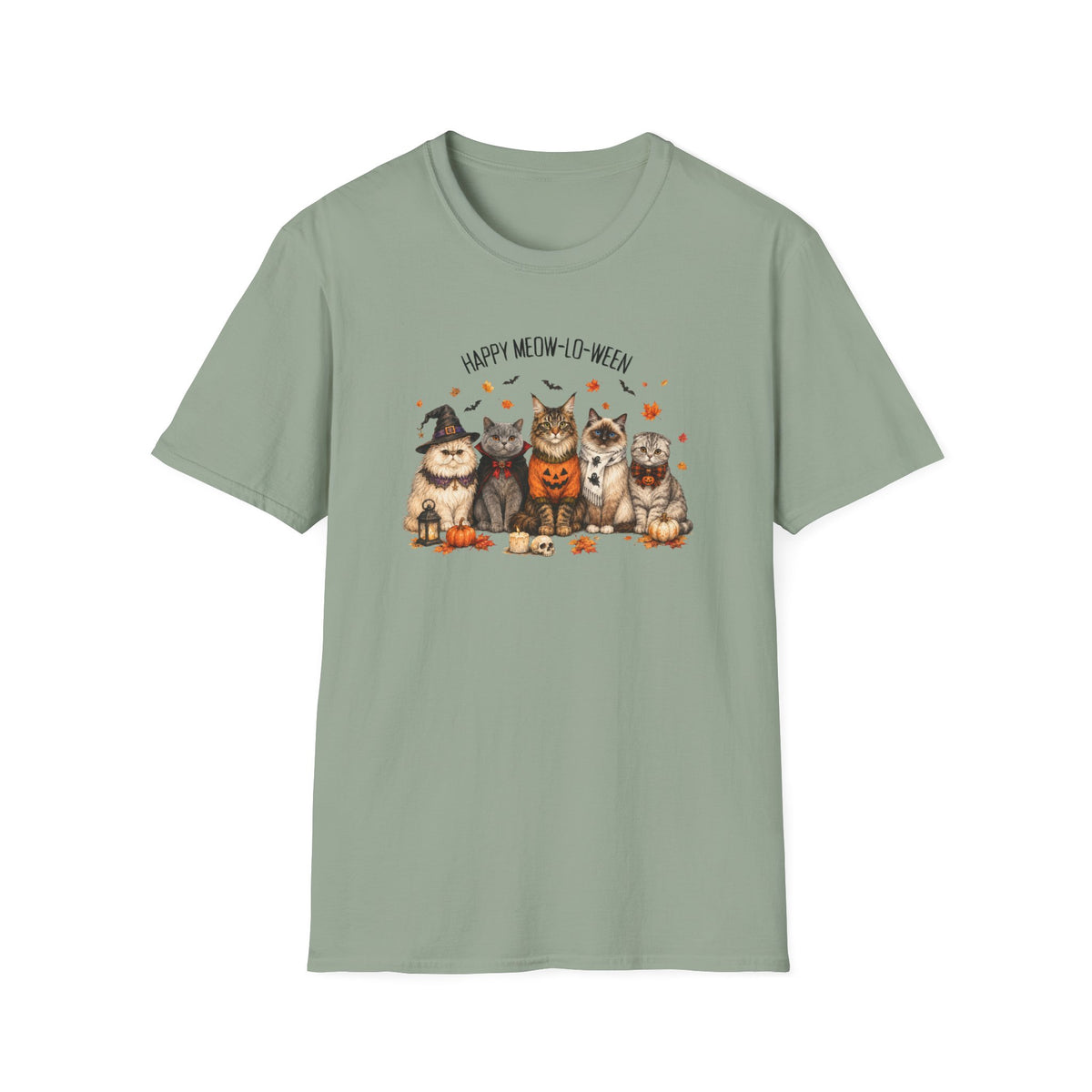 Halloween Cat T-Shirt — "Happy Meow-lo-ween" Cute Pumpkin Cats Tee