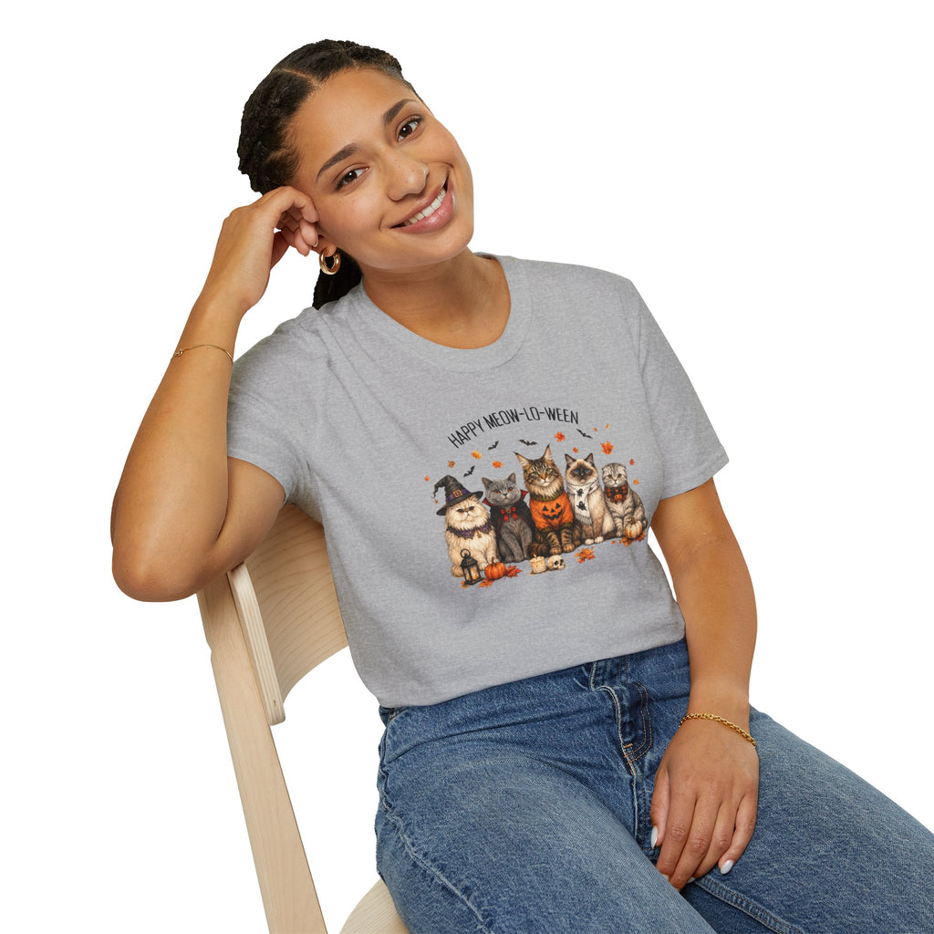 Halloween Cat T-Shirt — "Happy Meow-lo-ween" Cute Pumpkin Cats Tee