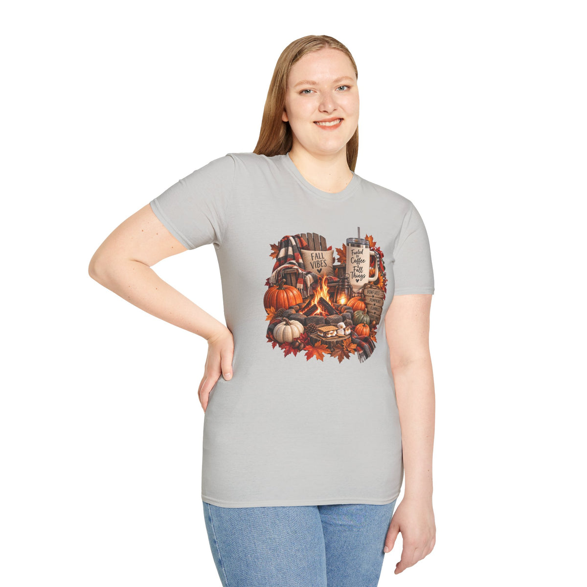 Fall Campfire Pumpkin T-Shirt — Cozy Autumn Shirt with "Fall Vibes" and Plaid Marshmallows Design