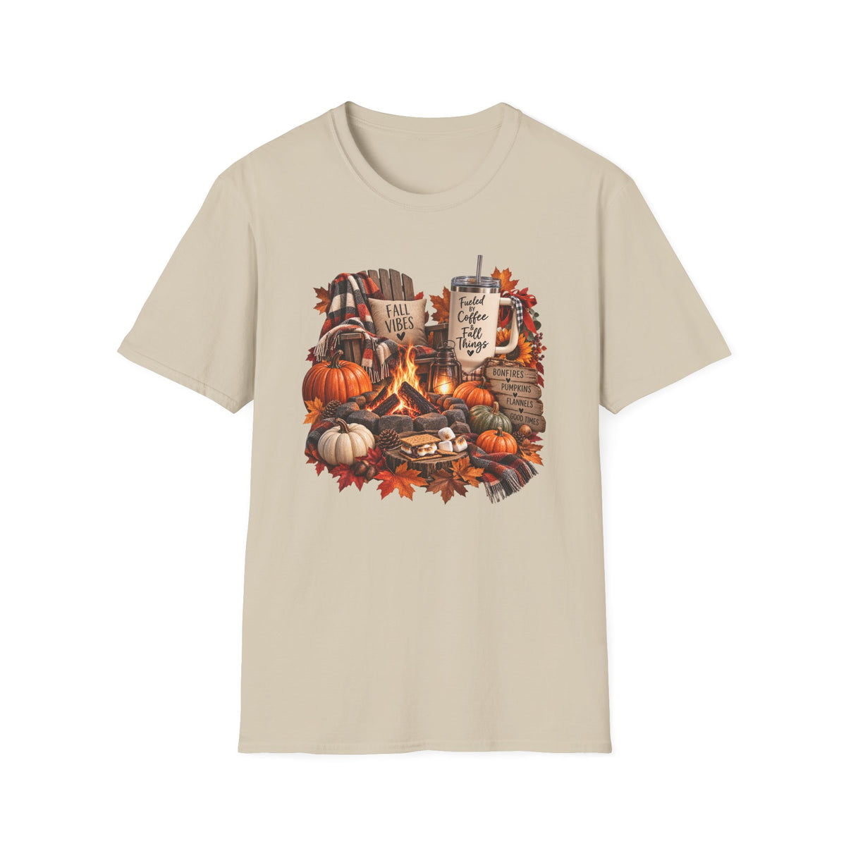 Fall Campfire Pumpkin T-Shirt — Cozy Autumn Shirt with "Fall Vibes" and Plaid Marshmallows Design