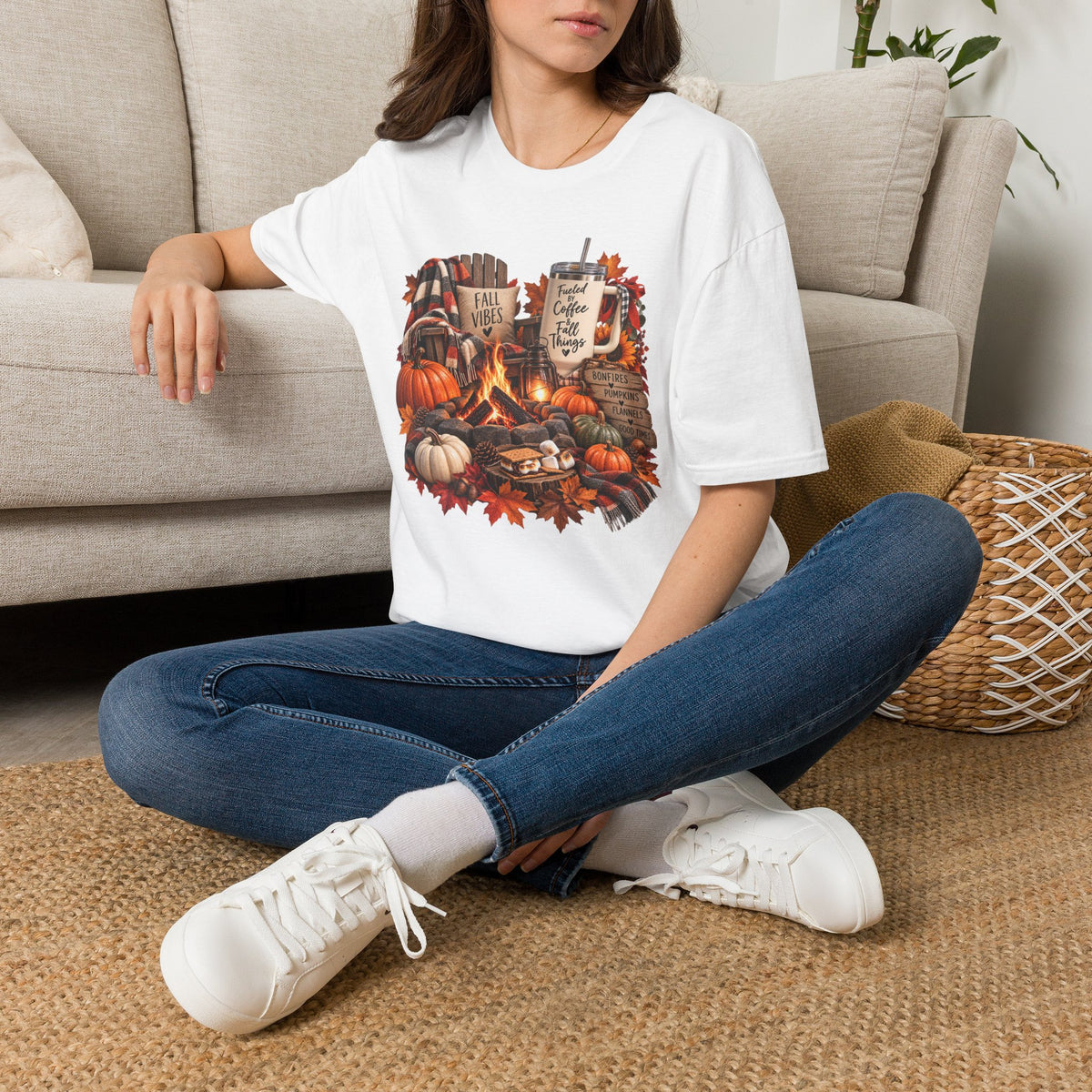Fall Campfire Pumpkin T-Shirt — Cozy Autumn Shirt with "Fall Vibes" and Plaid Marshmallows Design