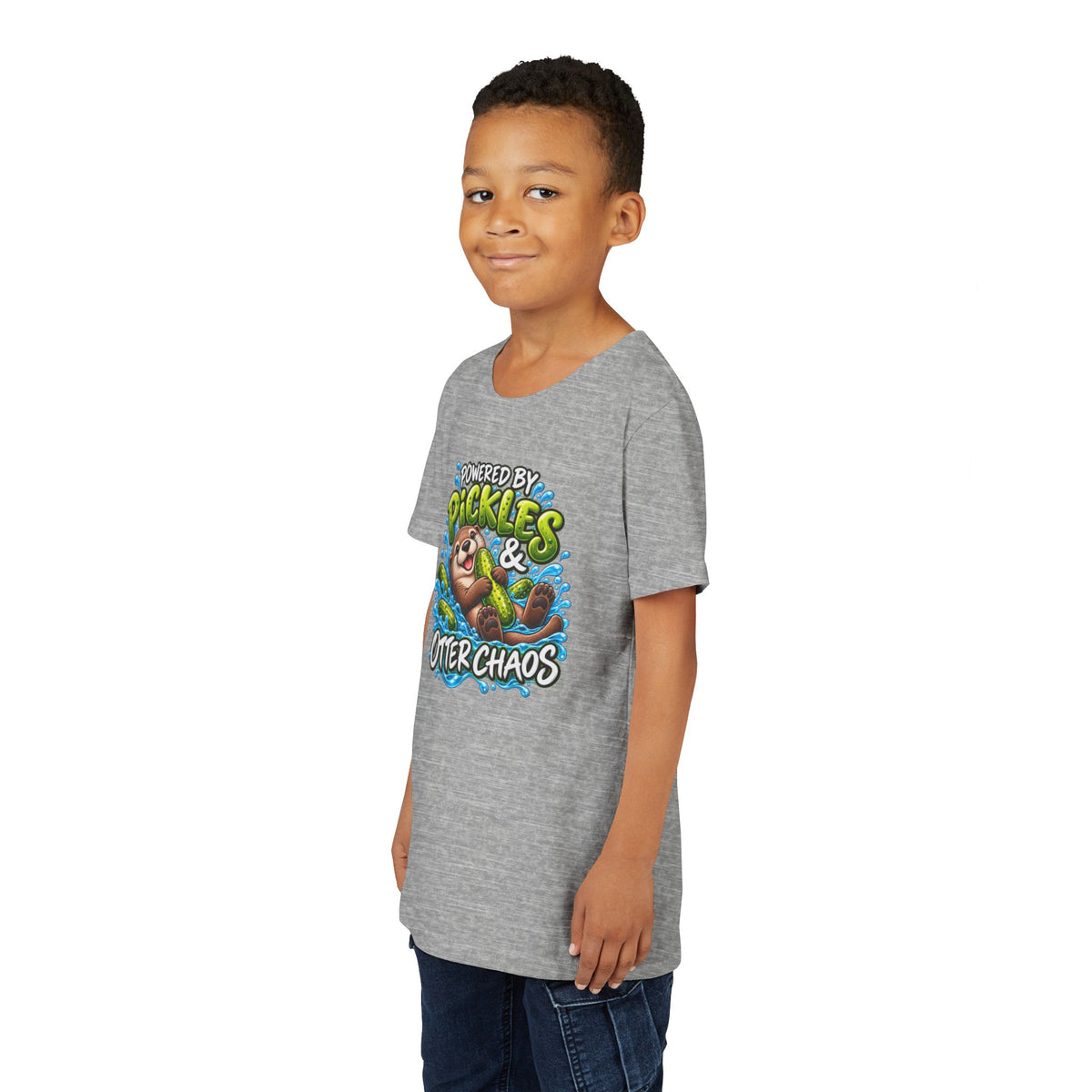 Youth Tee — "Powered by Pickles & Otter Chaos" Cute Otter Graphic Shirt