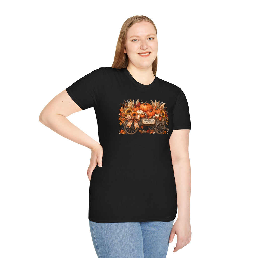 Pumpkin Patch Wagon T‑Shirt — Autumn Sunflower & Pumpkin Fall Tee