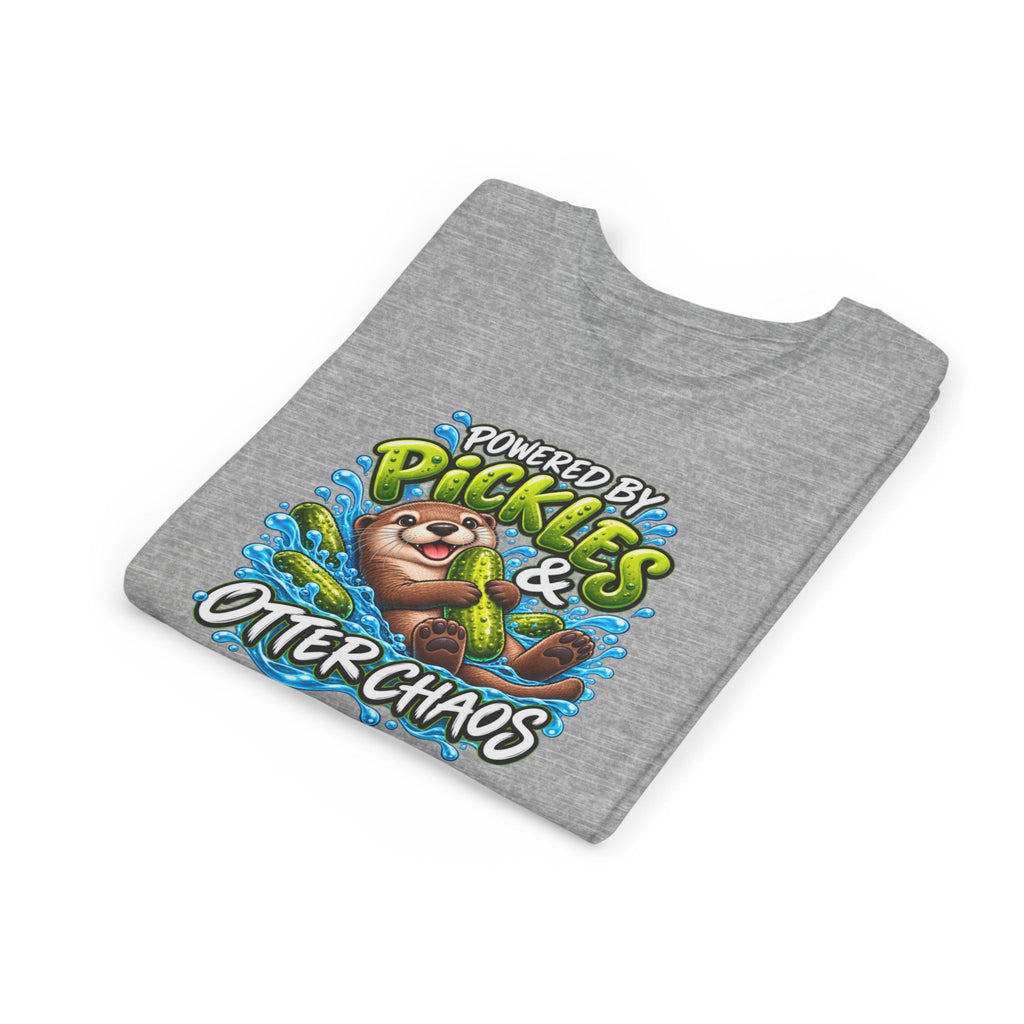 Youth Tee — "Powered by Pickles & Otter Chaos" Cute Otter Graphic Shirt