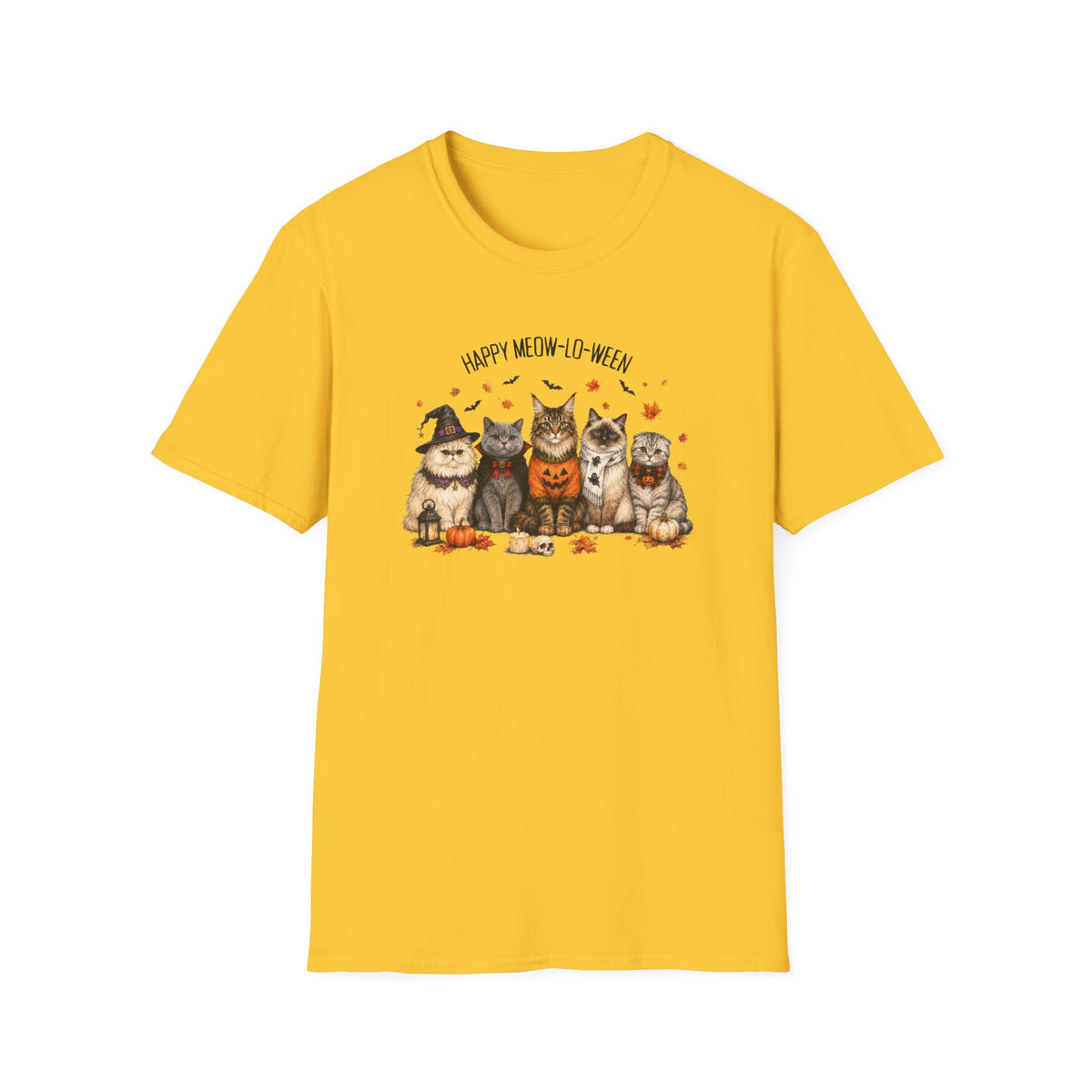 Halloween Cat T-Shirt — "Happy Meow-lo-ween" Cute Pumpkin Cats Tee